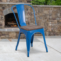Flash Furniture CH-31230-BL-WD-GG Blue Metal Stackable Chair with Wood Seat 
